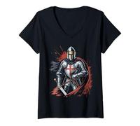 Femme Deus Vult Chevalier Templier médiéval Croisé T-Shirt avec Col en V
