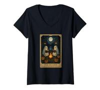 Femme Deux fantômes lisant Un feu de Camp Confortable Tarot The Reader Halloween T-Shirt avec Col en V