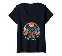 Femme Développer des pensées positives | Inspirer la santé mentale Florale T-Shirt avec Col en V