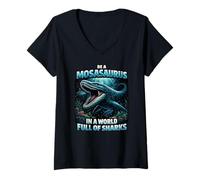 Femme Devenez Un mosasaure dans Un Monde rempli de Requins dans la mer préhistorique T-Shirt avec Col en V