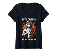 Femme Devil Crusher Sin Slayer Jesus Spiritual Warfare Christian T-Shirt avec Col en V