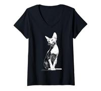 Femme Devon-Rex Lover Cat Portrait Dessin Motif T-Shirt avec Col en V