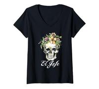 Femme Dia De Los Muertos El Jefe Illustration Floral Sugar Skull Boss T-Shirt avec Col en V