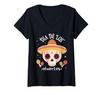Femme Dia De Los Muertos Figurine Jour des Morts T-Shirt avec Col en V