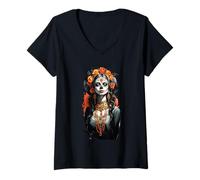 Femme Dia -de-Los - Muertos Graphic: Funny Mickey Mexican Skulls T-Shirt avec Col en V