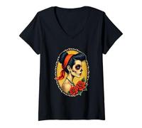 Femme Dia De Los Muertos Woman - Rétro Tatouage Style 1 - Fan Fun T-Shirt avec Col en V