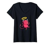 Femme Diable Heureux avec Motif auréole d'ange doré T-Shirt avec Col en V
