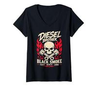 Femme Diesel Brother Skull Pistons Graphic Smoke Fast Dirty Loud T-Shirt avec Col en V