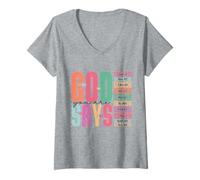 Femme Dieu Dit Que Vous êtes des versets bibliques chrétiens colorés T-Shirt avec Col en V