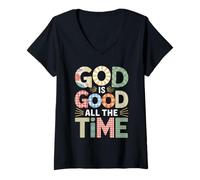 Femme Dieu est Bon Tout Le Temps Verset biblique chrétien Jésus Faith T-Shirt avec Col en V