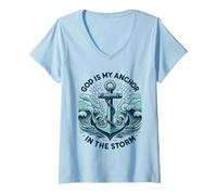 Femme Dieu est Mon Ancre dans la tempête Christian Jésus-Christ Bible T-Shirt avec Col en V