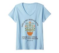 Femme Dieu est Mon Refuge et sous Ses Ailes Je trouverai Un abri T-Shirt avec Col en V