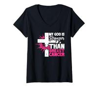 Femme Dieu est Plus Fort Que Le Cancer du Sein Sensibilisation à la Foi chrétienne T-Shirt avec Col en V