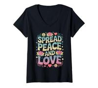 Femme Diffusez Peace & Love Retro Lotus Flower Groovy Positive Vibes T-Shirt avec Col en V