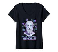 Femme Digital Republic Plato Circuit Cyber Philosophie Vaporwave T-Shirt avec Col en V