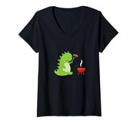Femme Dino Adore Le Barbecue T-Shirt avec Col en V