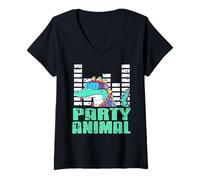 Femme Dino Futuriste Fêtard Club EDM Humour T-Shirt avec Col en V