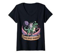 Femme Dino Space Ranger Astronaute Licorne T-Rex Cosmic Adventure T-Shirt avec Col en V