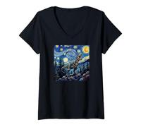 Femme Dinosaur Reptiles Prehistoric Starry Night Van Gogh Style T-Shirt avec Col en V
