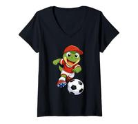 Femme Dinosaure avec Ballon T-Rex Joue au Football T-Shirt avec Col en V