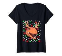 Femme Dinosaure de Noël Cornes de Renne Flocons Humoristiques T-Shirt avec Col en V