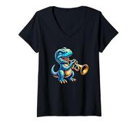 Femme Dinosaure Jouant Trompette Coloré T-Shirt avec Col en V
