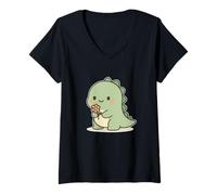 Femme Dinosaure Kawaii avec Fleur T-Shirt avec Col en V
