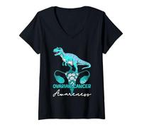 Femme Dinosaure T-Rex Ruban de Sensibilisation au Cancer de l'ovaire Bleu Sarcelle T-Shirt avec Col en V