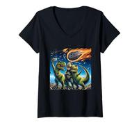 Femme Dinosaure T Rex Selfie au Milieu d'un Moment d'extinction de météores Tombant T-Shirt avec Col en V
