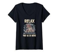 Femme Dinosaure Tyrannosaurus T-Rex Relax The DJ is Here T-Shirt avec Col en V