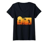 Femme Disc Golf Tropical Sunset Palm Trees Beach Graphic T-Shirt avec Col en V