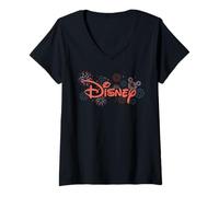 Femme Disney 4th of July Fireworks USA Hidden Mickey Script Logo T-Shirt avec Col en V