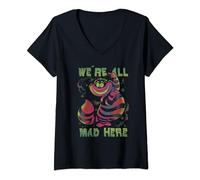 Femme Disney Alice In Wonderland Cheshire Cat Neon All Mad Here T-Shirt avec Col en V