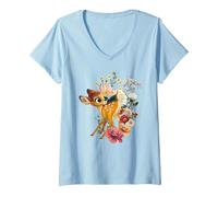 Femme Disney Bambi Meadow T-Shirt avec Col en V, Bleu Céleste, S