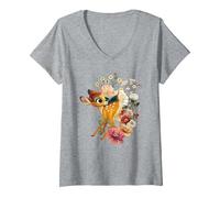 Femme Disney Bambi Meadow T-Shirt avec Col en V, Gris Chiné, L