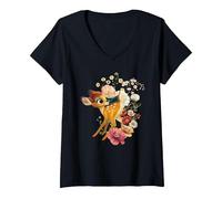 Femme Disney Bambi Meadow T-Shirt avec Col en V, Noir, S