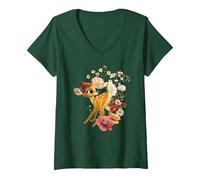Femme Disney Bambi Meadow T-Shirt avec Col en V, Vert Forêt, S