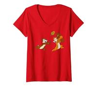 Femme Disney Chip 'N Dale Acorn Chase T-Shirt avec Col en V, Rouge, M