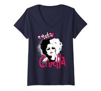 Femme Disney Cruella Estella Punk Rock Spray Paint T-Shirt avec Col en V, Bleu Marine, M
