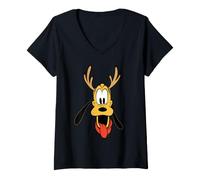Femme Disney Holiday Pluto Big Face Reindeer Antlers Christmas T-Shirt avec Col en V