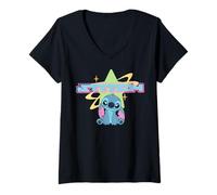 Femme Disney Lilo & Stitch Adorable Y2K Style Color Pop Poster T-Shirt avec Col en V