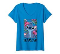 Femme Disney Lilo & Stitch Hawaii Hibiscus Cute Floral Portrait T-Shirt avec Col en V, Saphir, XXL