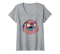 Femme Disney Lilo & Stitch Jumba Jookiba Smiling Big Face Costume T-Shirt avec Col en V, Gris Chiné, S