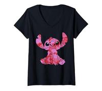 Femme Disney Lilo & Stitch Saint Valentin Stitch Heart Fill T-Shirt avec Col en V, Noir, L