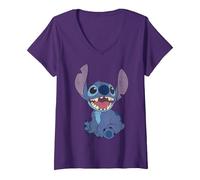 Femme Disney Lilo & Stitch Sitting Stitch Portrait T-Shirt avec Col en V, Violet, L