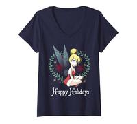 Femme Disney Peter Pan Noël Tinkerbell Happy Holidays T-Shirt avec Col en V, Bleu Marine, XXL