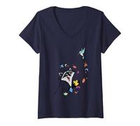 Femme Disney Pocahontas Meeko Flit Colorful Leafs Fall T-Shirt avec Col en V, Bleu Marine, L