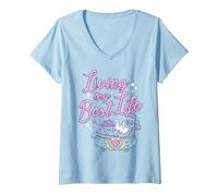 Femme Disney Pocahontas Percy Living My Best Life Bath T-Shirt avec Col en V, Bleu Céleste, S