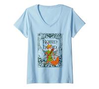 Femme Disney Robin Hood Retro Vintage Distressed T-Shirt avec Col en V, Bleu Céleste, M