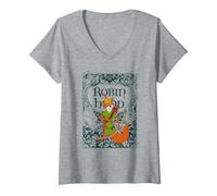 Femme Disney Robin Hood Retro Vintage Distressed T-Shirt avec Col en V, Gris Chiné, M